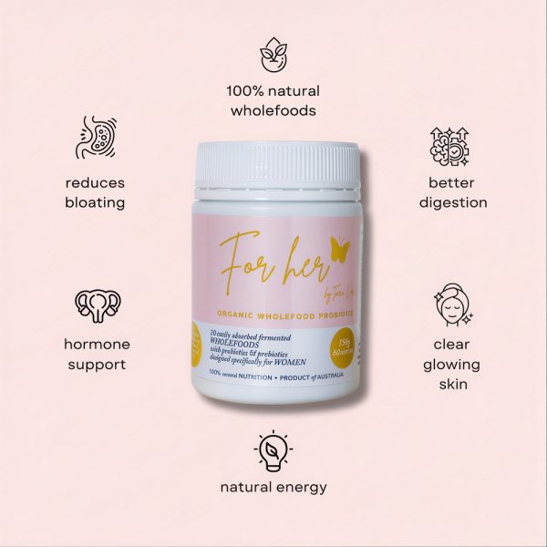 For her probiotic product benefits including reduced bloating, feeling lighter, energized, hormone balancing and improving gut health, naturally.