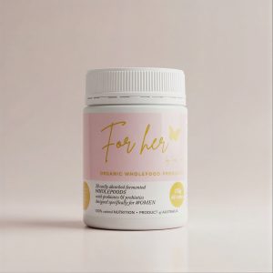 For Her probiotic supplement bottle for women’s gut health, helping reduce bloating and support digestion.