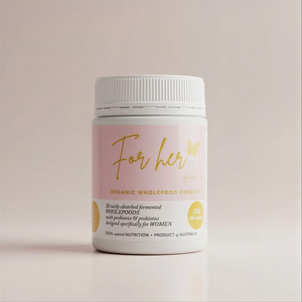 For Her probiotic supplement bottle for women’s gut health, helping reduce bloating and support digestion.
