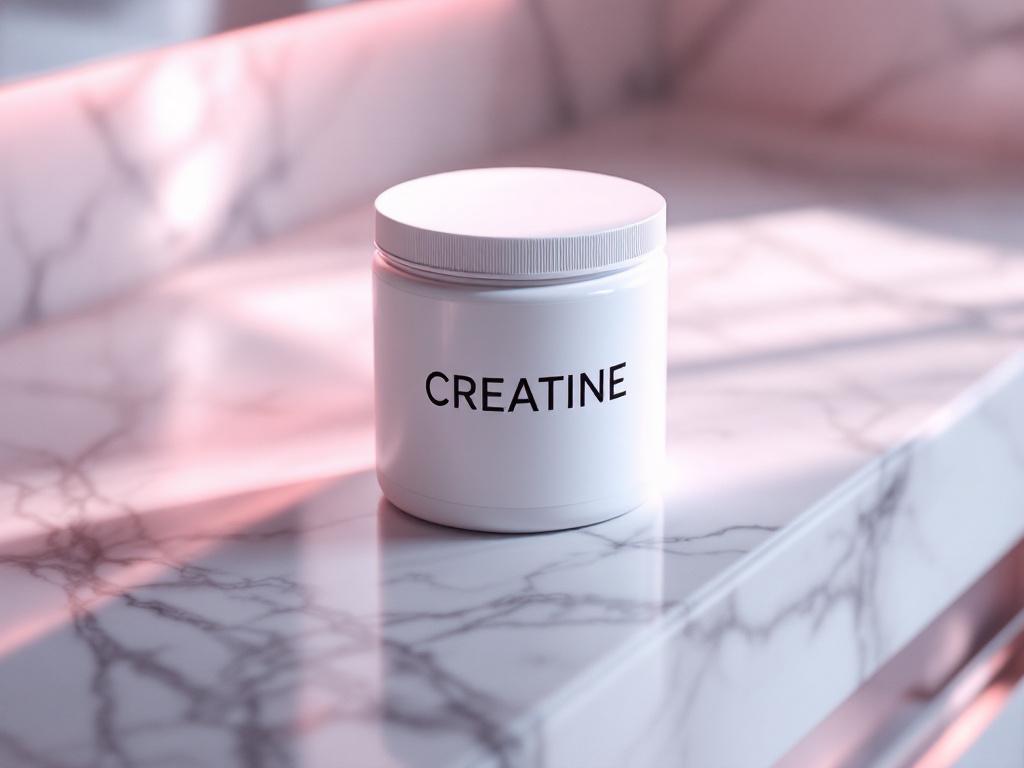 Creatine supplement beside water bottle and wellness items, representing creatine for women over 35, energy and healthy ageing